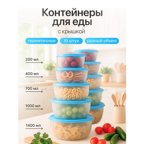 Контейнер для еды Редда, набор контейнеров с крышками, герметичный, ланч бокс, голубой, 10 штук