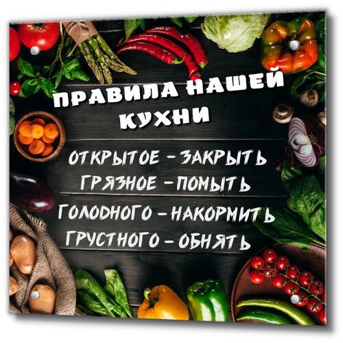 Фартук кухонный на стену панель из закаленного стекла / Защитный экран для кухни "Правила нашей кухни" 550х600