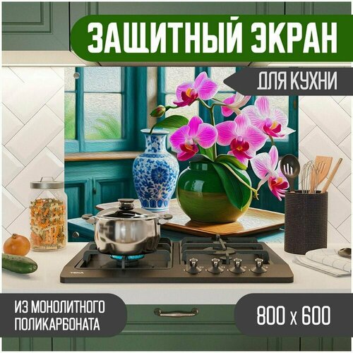 Защитный экран для кухни 800 х 600 х 3 мм "Цветы" с фотопечатью, акриловое стекло на кухню для защиты фартука, прозрачный монолитный поликарбонат