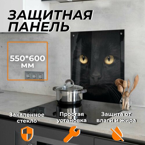 Защитный экран для плиты от брызг стекло "Черный кот 1" 550х600 мм