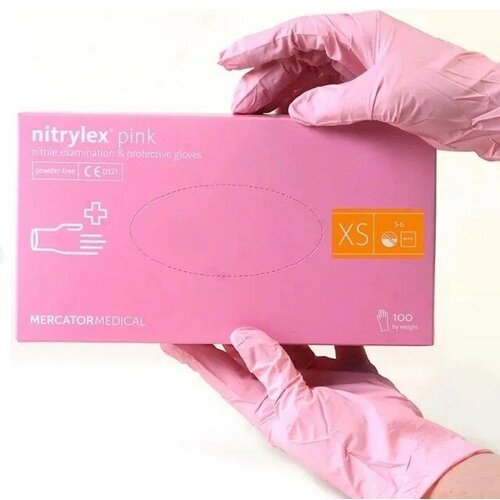 Перчатки нитриловые MERCATOR Medical Nitrylex Pink, цвет: розовый, размер XS, 100 шт. (50 пар), 7 грамм нитрила пара
