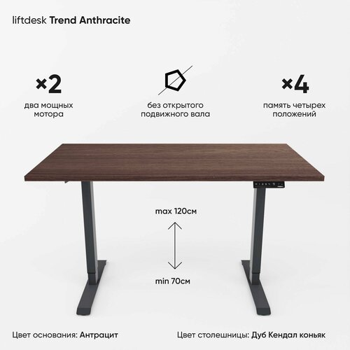 Компьютерный стол регулируемый по высоте для работы стоя сидя 2-х моторный liftdesk Trend Антрацит/Дуб Кендал коньяк, ЛДСП Egger 138х68х2.5 см