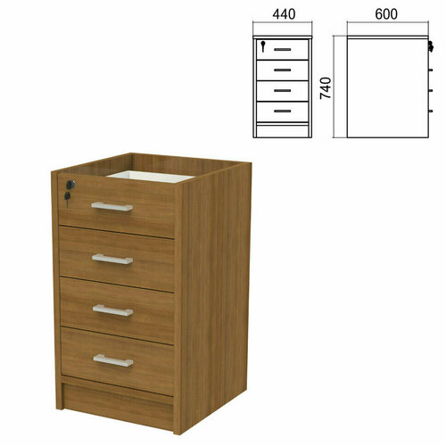 Тумба (каркас без крышки) приставная "Арго", 440х450х740 мм, 4 ящика, замок, орех, 641400