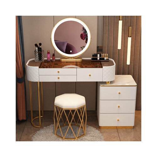 Туалетный столик со стеклянной столешницей, зеркалом и стулом (100 см белый столик + тумба + умное зеркало + табурет)