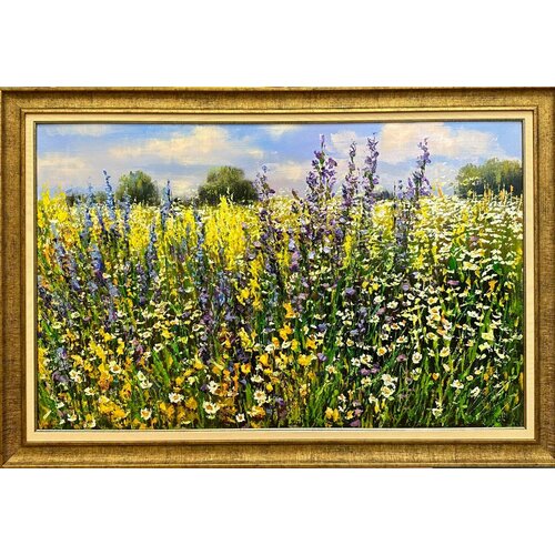 Картина маслом, летний пейзаж "Летнее цветочное поле"