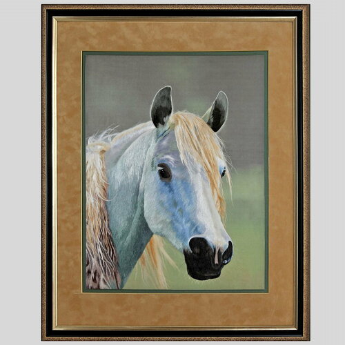 Картина вышитая шелком Авторская Голова лошади ручной работы /см 60х70х3/багет+паспарту