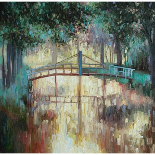 Картина маслом ручной работы "Мост через реку", холст 60х60 см, для интерьера