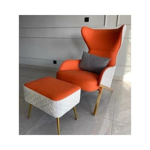 Кресло с высокой спинкой на металлическом каркасе для современной гостиной (белый + темно оранжевый, красное золото ножки)