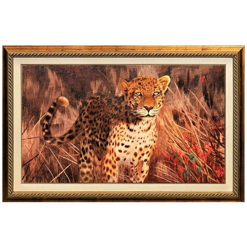 Картина вышитая шелком Авторская Леопард ручной работы/см 68х43х3/в багете