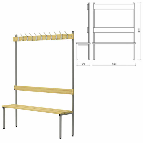 Скамья с вешалкой, спинкой П-091Д/1,5 (1818х1480х370 мм), 11 крючков, дерево, металлокаркас, 601739