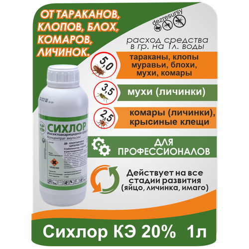 Сихлор КЭ 20%, средство от клопов, тараканов, блох, муравьев, мух и комаров, 1 л